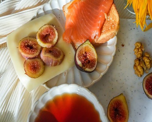 Fresh salmon and walnuts rich in Omega 3 on a wooden table